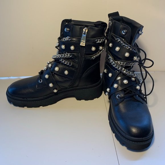 Zara Shoes Zaras Multi Chain Combat Boot In Black Leather Never